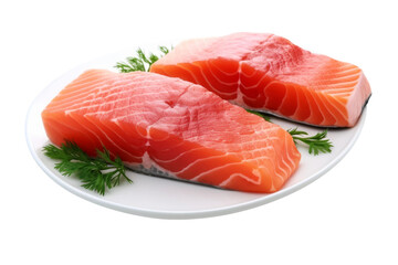 Dancing Delicacies: Two Pieces of Salmon Elegantly Plated. On a White or Clear Surface PNG Transparent Background.