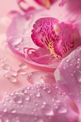 sensual intimate image of liquid on pink purple flower closeup. Cosmetics feminine skincare ad.