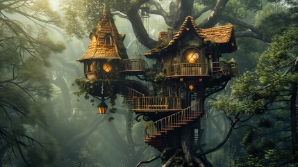 Quirky treehouse in a whimsical forest setting.
