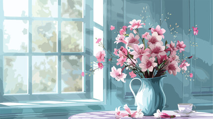 Beautiful fresh flowers on table in room Vector style