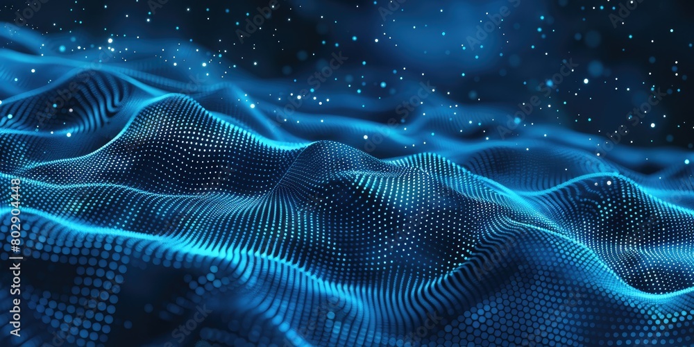 Poster abstract blue background with dots and lines in the form of waves, mesh gradient, low poly design in
