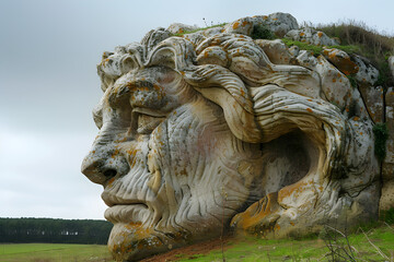 un rocher qui a la forme d'un lion. Il est fait de roche mais ressemble à un lion pétrifié - obrazy, fototapety, plakaty