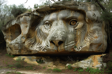 un rocher qui a la forme d'un lion. Il est fait de roche mais ressemble à un lion pétrifié - obrazy, fototapety, plakaty