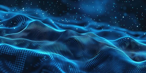 Abstract blue background with dots and lines, digital gradient pattern for design. Abstract wavy landscape of moving particles in the style of cyberspace. Big data technology concept.
