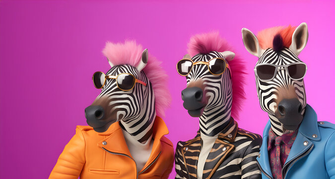 Creative animal concept. Group of zebra in funky Wacky wild mismatch colourful outfits isolated on bright background advertisement, copy space. birthday party invite invitation banner	
