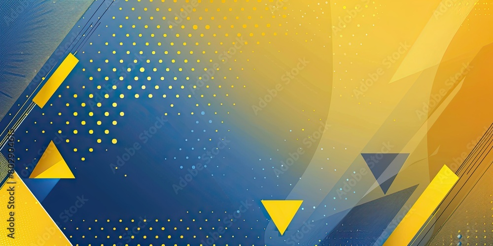 Poster abstract yellow and blue background with triangle shapes, dots, and a halftone effect. modern vector