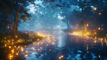 3d rendering of magical river at night with glowing fireflies in forest