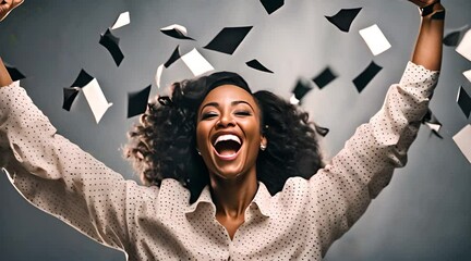 Triumphant Joy: Ecstatic African Black Woman Celebrating Success and Achievement

