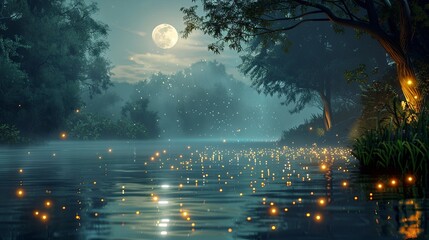 3d rendering of magical river at night with glowing fireflies in forest