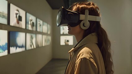 A woman wearing a VR headset stands in a gallery, engaging with an immersive exhibit.