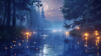 Fototapeta premium 3d rendering of magical river at night with glowing fireflies in forest