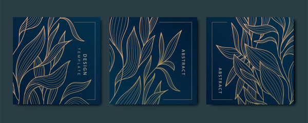 Vector set of art deco floral pattern, line labels frames, plant vintage ornament. Organic luxury borders, nature labels, blossom covers. Golden on blue