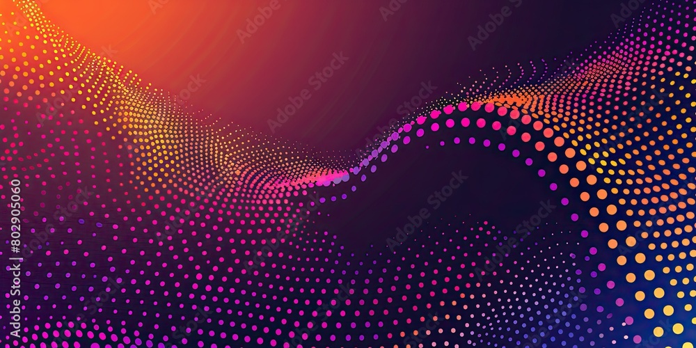 Poster gradient background with dots in vibrant colors, forming an abstract wave pattern on dark purple and