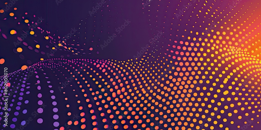 Poster gradient background with dots in vibrant colors, forming an abstract wave pattern on dark purple and