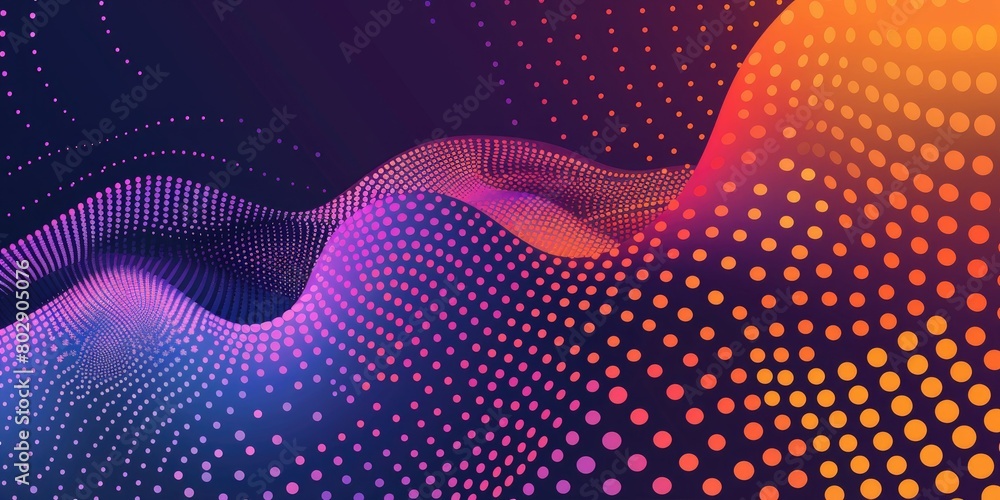 Poster gradient background with dots in vibrant colors, forming an abstract wave pattern on dark purple and