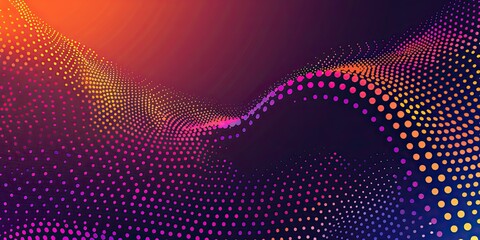 gradient background with dots in vibrant colors, forming an abstract wave pattern on dark purple and orange tones. The dots form a dynamic design with different sizes for an eye-catching effect.