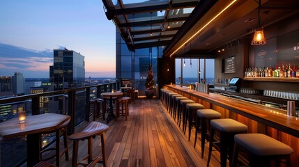 Rooftop bar with panoramic city views.
