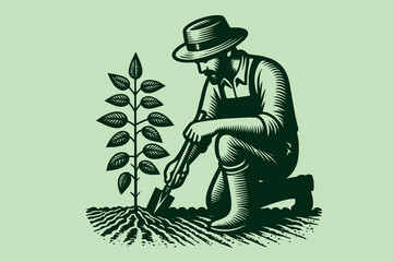 A farmer plants a young sprout in the ground. Agronomist. Growing agricultural crops. Vintage engraving vector illustration, emblem, logo. Isolated object