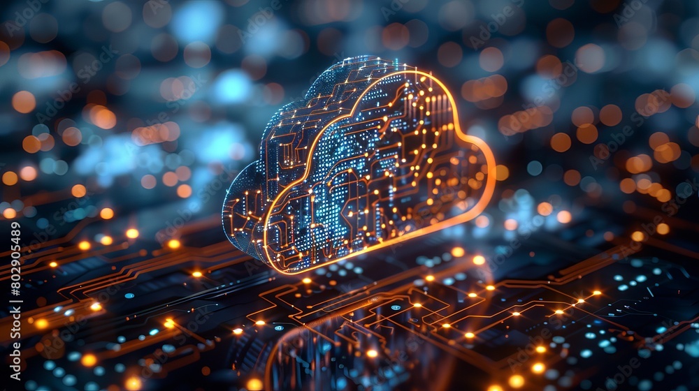 Poster illustration depicting digital cloud computing, cyber security, and data network protection concepts