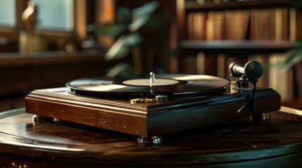 An enchanting image of a vintage record player, its sleek design and warm sound capturing the...