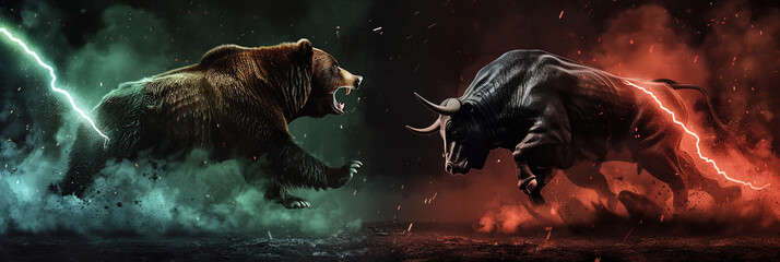 Bear market vs bull market in front of Bitcoin and cryptocurrency market chart image.