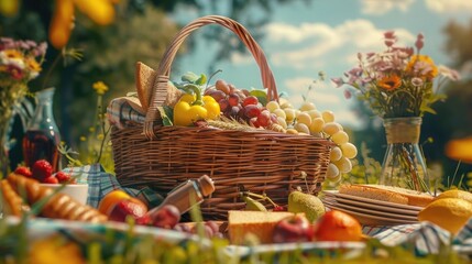 An enchanting image of a wicker picnic basket, its contents spilling out to reveal an array of tempting sandwiches, fruits, and other delicacies on International Picnic Day.