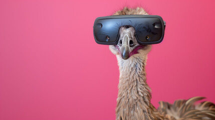 Ostrich experiencing virtual reality, showcased against a vibrant pink backdrop.