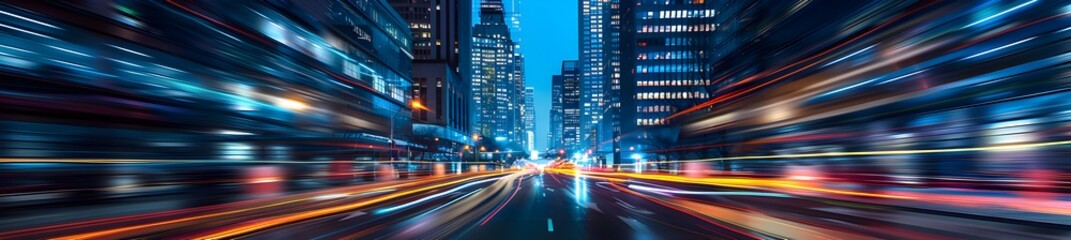 Obraz premium abstract cityscape with skyscrapers, buildings, and lights in blue color Panoramic view of the night metropolis Abstract background with vertical lines and streaks High resolution photography in the s