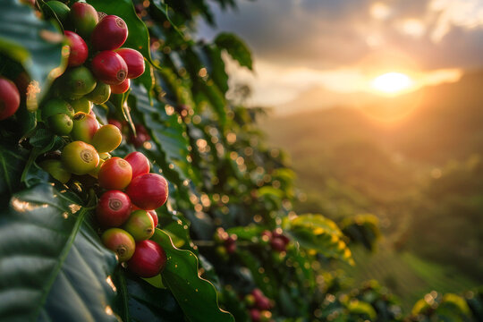 Coffee beans on tree with sunrise background.