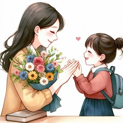 The girl gives her mother a bouquet of flowers. Congratulations on the holiday. Transparent background - obrazy, fototapety, plakaty