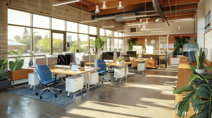 Start-up office open workspace with standing desks and collaborative areas.