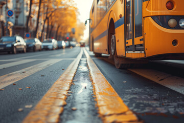 Obraz premium City tram traveling down the bustling street surrounded by traffic, cars, and urban buildings