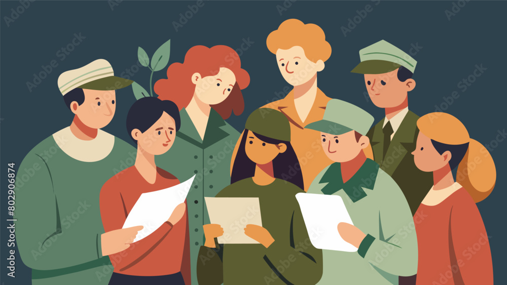 Poster a group of visitors huddled together reading a letter that has been translated from its original lan