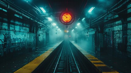 Image depicting a dark urban downtown city train tunnel at night.