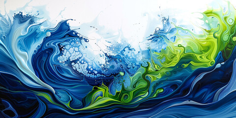 Cascading waves of indigo and lime green liquids intertwining and producing a breathtaking visual spectacle on a blank canvas.