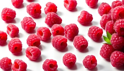 Raspberry raspberries, many angles and view side top front group pile heap isolated on transparent background cutout, PNG file. Mockup template for artwork graphic design  - obrazy, fototapety, plakaty