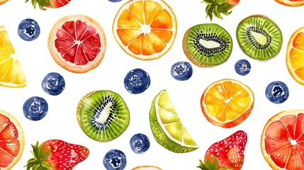 Artistic Watercolor Pattern of Mixed Summer Fruits and Berries