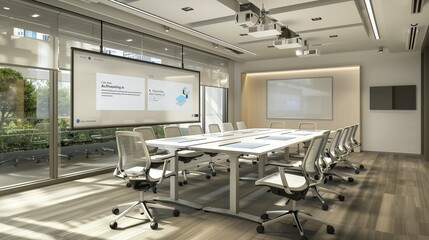 Tech-savvy office meeting room with interactive whiteboards and video conferencing.