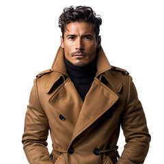 Front view mid shot of a chic Latin male model dressed in a sophisticated camel trench coat and tailored black pants, isolated on a white transparent background