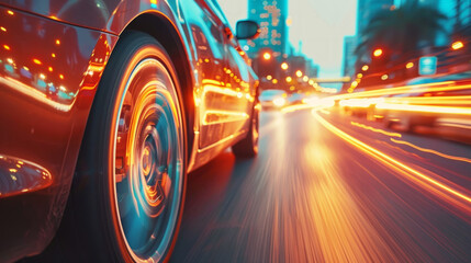 Dynamic close up  of a car in motion on city streets during evening rush hour, with vivid light...