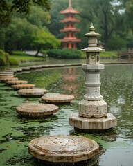 AI-generated Image: "Tranquil Japanese Garden with Stepping Stones and Pagoda."