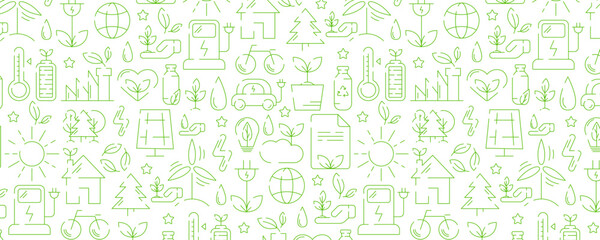 Ecology seamless pattern, green linear icons. Environmental improvement, sustainability, recycle, renewable energy. Eco friendly vector banner. For cover, wrapping paper, textile print.