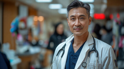 Chinese or Japanese doctor with stethoscope - medicine and healthcare concept. Portrait of an Asian doctor