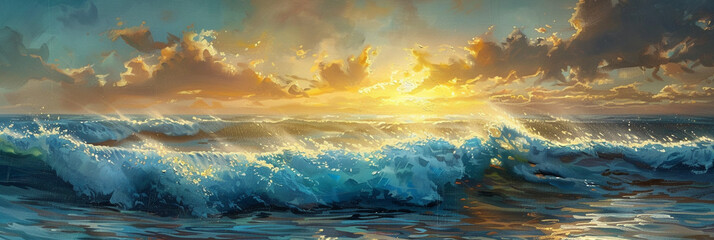 Cascading sapphire blue waves dance gently across a serene seascape, kissed by the golden glow of a setting sun,