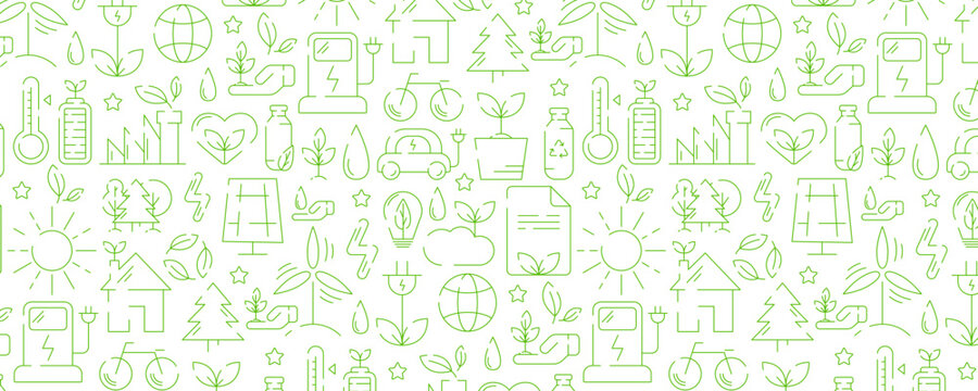 Ecology seamless pattern, green linear icons. Environmental improvement, sustainability, recycle, renewable energy. Eco friendly vector banner. For cover, wrapping paper, textile print.
