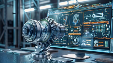 Mechanical engineer designs 3D engine with computer.