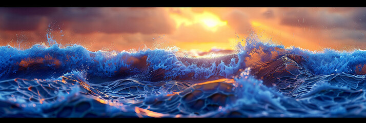 Cascading sapphire blue waves dance gently across a serene seascape, kissed by the golden glow of a setting sun,