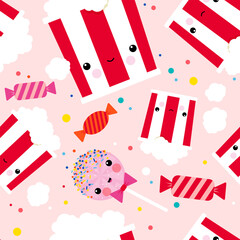 Seamless vector pattern designs, japanese kawaii style, colorful, food, popcorn, candy, lollipops, sweets, for fashion projects, playful, childish, interior, nursery, illustration, party