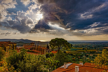 Panorama from Piazzale Belvedere of Castagneto Carducci towards the Tuscan countryside and the sea Tuscany Italy