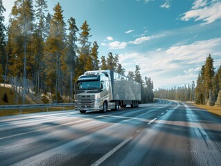 A vehicle on the road with a summer and sunny landscape background, sun, blue sky